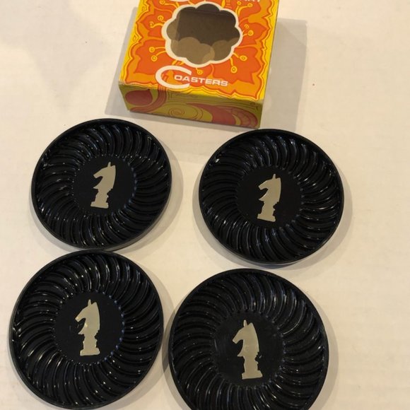 MCM Coasters, black plastic with silver pawn design, 1960's - Picture 2 of 2